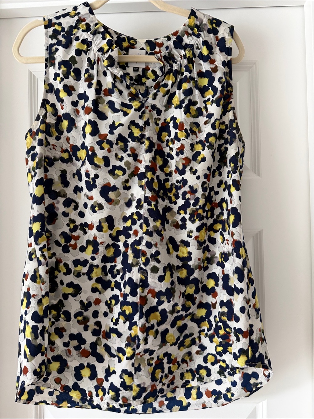 CAbi Sleeveless Camisole in Navy, Yellow & Rust Spot Print